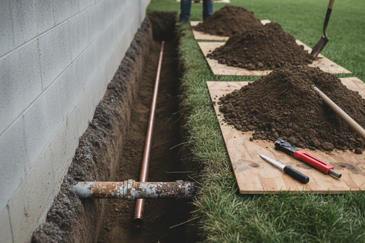 Excavated water line trench during Sewer Line Repair in Long Valley